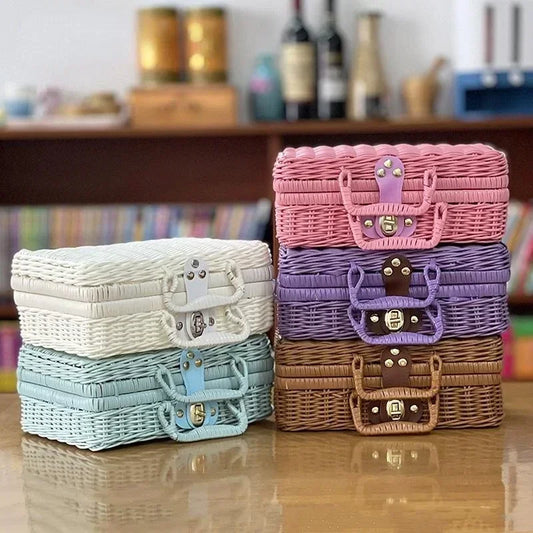 Rattan-like Finishing Box Woven Rattan Basket Retro Storage Box Decorative Props Suitcase with Hand Gift Box-BolaMom 🤰