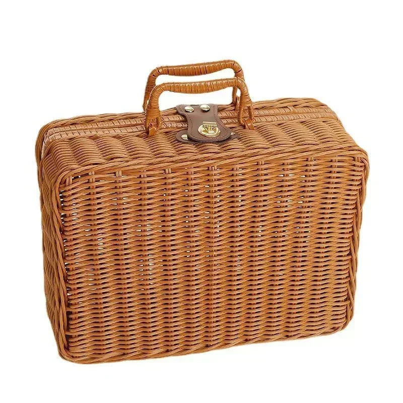 Rattan-like Finishing Box Woven Rattan Basket Retro Storage Box Decorative Props Suitcase with Hand Gift Box-BolaMom 🤰