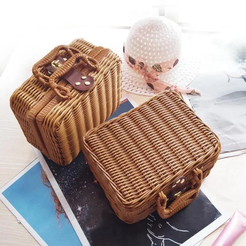 Rattan-like Finishing Box Woven Rattan Basket Retro Storage Box Decorative Props Suitcase with Hand Gift Box-BolaMom 🤰