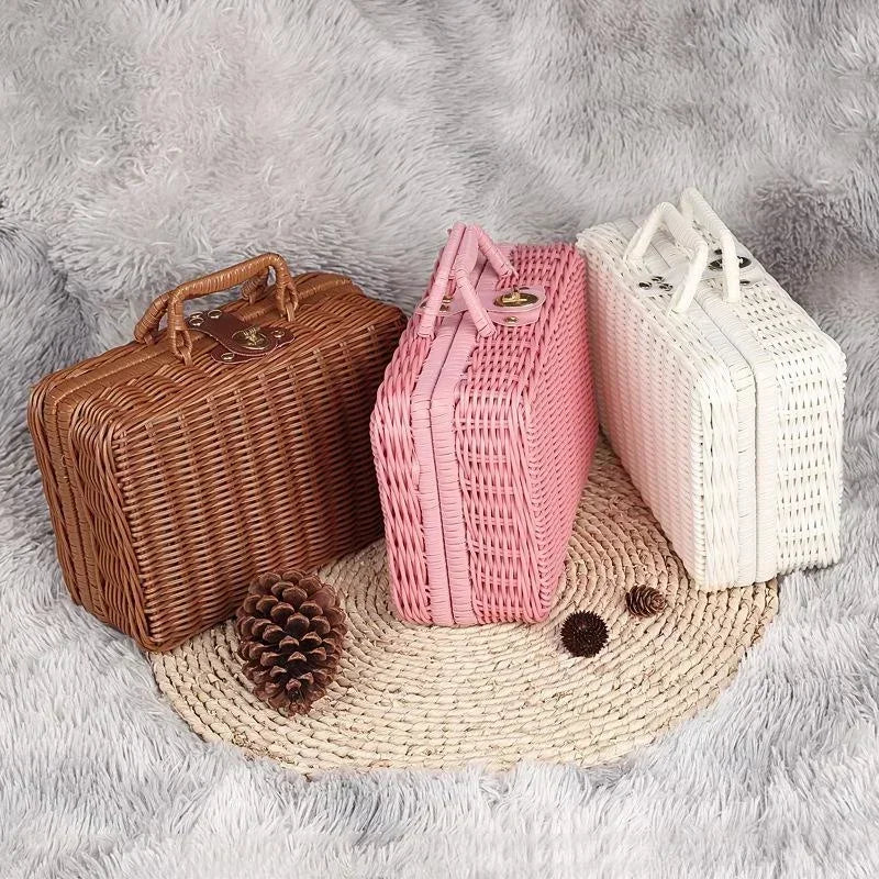 Rattan-like Finishing Box Woven Rattan Basket Retro Storage Box Decorative Props Suitcase with Hand Gift Box-BolaMom 🤰