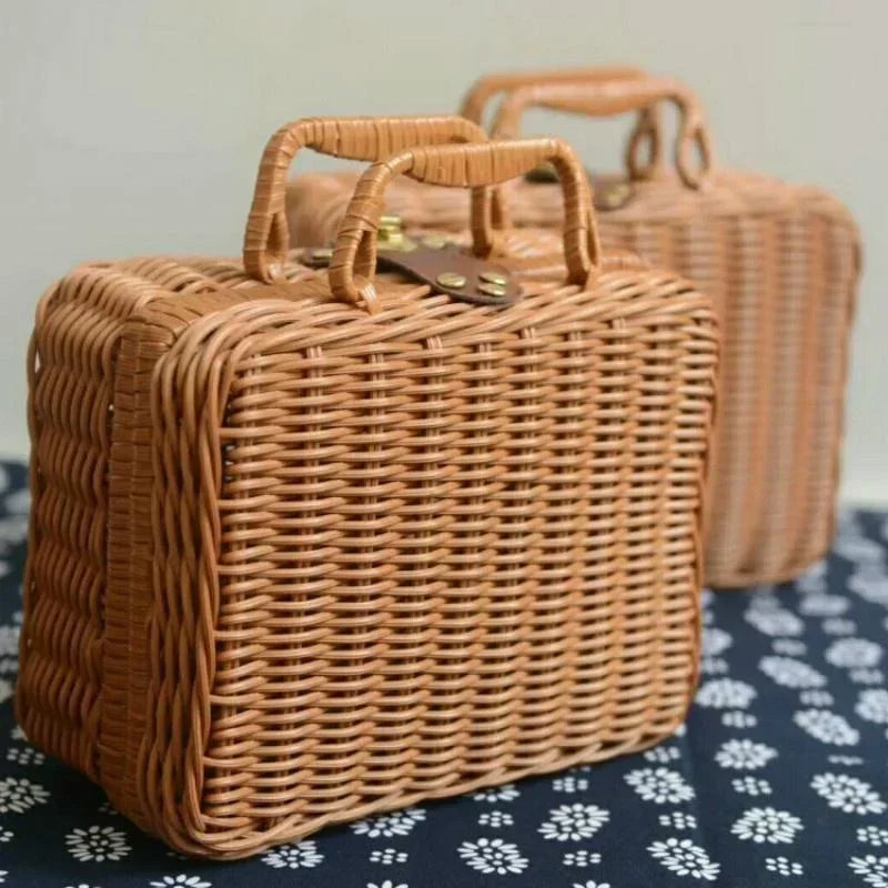 Rattan-like Finishing Box Woven Rattan Basket Retro Storage Box Decorative Props Suitcase with Hand Gift Box-BolaMom 🤰