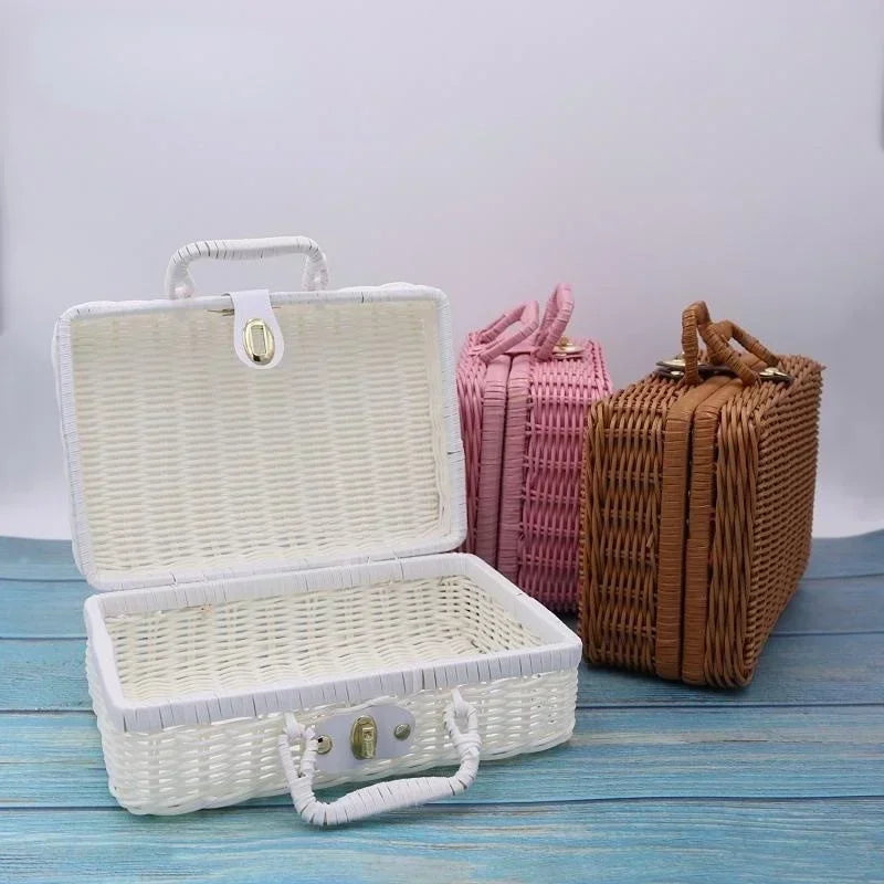 Rattan-like Finishing Box Woven Rattan Basket Retro Storage Box Decorative Props Suitcase with Hand Gift Box-BolaMom 🤰